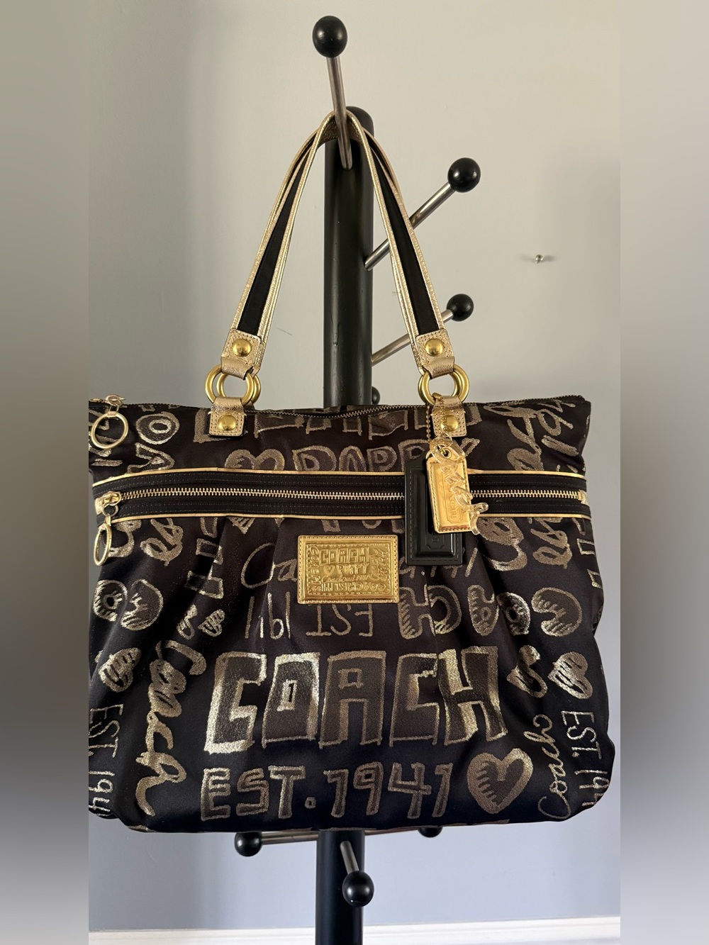 Coach Black Poppy Graffiti Tote with Gold Accents